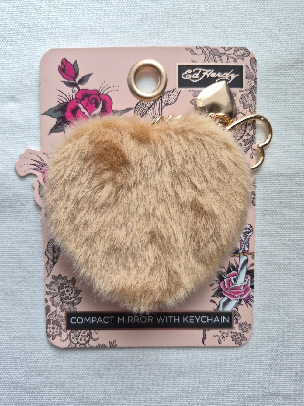 Ed Hardy Faux Fur Heart Compact Mirror Keychain Gold Charm Y2K NWT - Picture 3 of 5